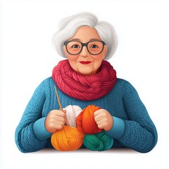 A woman in a blue sweater is knitting with a red scarf