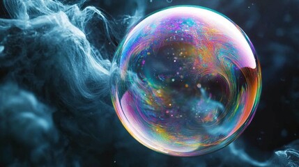 Fototapeta premium A vibrant, iridescent soap bubble floats amidst swirling blue smoke, creating a surreal and dreamy atmosphere.