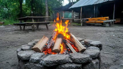 Campfire burning brightly in rustic campsite, near wooden cabin and picnic tables. Perfect for outdoor recreation, travel, and camping websites