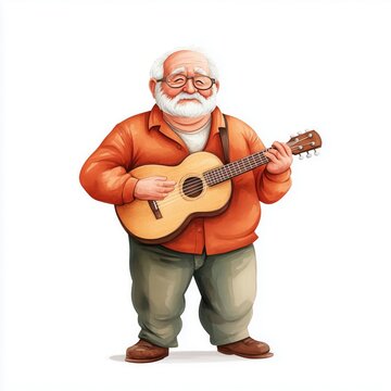 A man in an orange shirt is playing a guitar