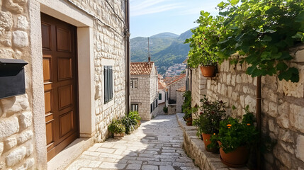 Naklejka premium Charming stone street, coastal town, mountain backdrop, summer day, travel postcard