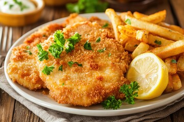 Classic chicken schnitzel served warm with rustic fried potato sides