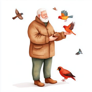 A man is feeding birds in a park