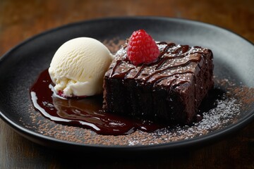Dark chocolate lava cake with coulis swirl and golden plated details