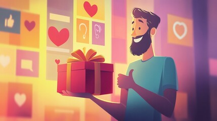 a cheerful vector where a man is holding a gift box in front of a colorful