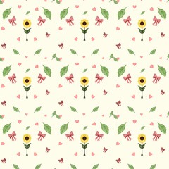 Seamless Fabric Pattern: Sunflowers, Bows, Leaves & Hearts