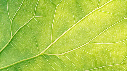 Close-up of a vibrant green leaf's veins, sunlit, detailed texture; nature background for design