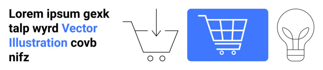Minimalist shopping cart with download arrow and lightbulb suggesting online shopping, innovation, and digital commerce. Ideal for e-commerce, innovation, marketing, creativity, idea generation