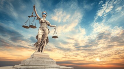 Obraz premium A majestic statue of Lady Justice stands tall, draped in flowing robes, holding a balanced scale in one hand and a sword in the other, symbolizing fairness and the rule of law.