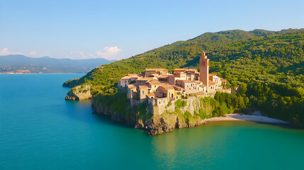 Naklejka premium Coastal Italian village perched on cliffs, serene sea backdrop, idyllic summer scene; travel brochure