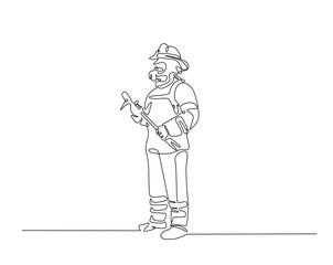 Obraz premium Firefighter one line drawing illustration. Firefighter with uniform monoline design.
