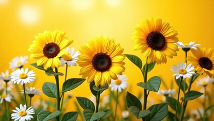 Obraz premium Vibrant Sunflowers and Daisies in Sunny Yellow Field Summer Blooms