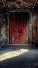 Abandoned Theater Stage with Red Curtains and Dusty Floor