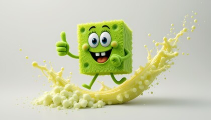 Happy Green Cube Cartoon Character, Joyful 3D cube mascot running on creamy splash