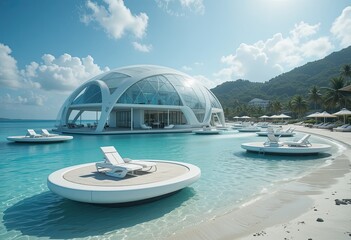 Obraz premium A high-tech beach resort with floating platforms on the water, futuristic lounge chairs