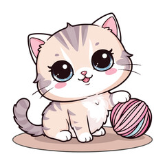 Sweet cartoon cat playing with wool – kawaii pet illustration