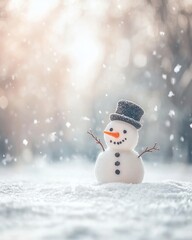 Fototapeta premium A cheerful snowman stands proudly in a blanket of fresh snow, adorned with a cozy red scarf and a classic black top hat, surrounded by glistening snowflakes and pine trees.