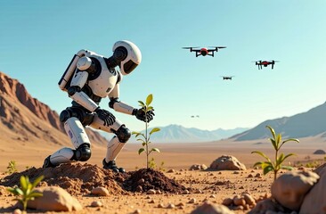 A futuristic robot planting trees in a barren landscape, with advanced drones flying above dispersing seeds and water, under a clear blue sky