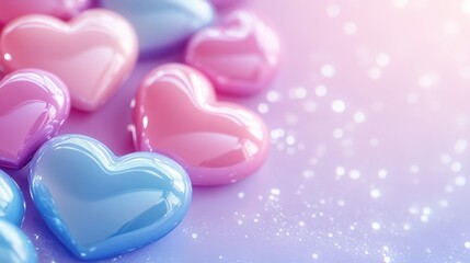 Obraz premium Vibrant and Glossy Heart-Shaped Candies on a Dreamy Background with Soft Sparkles