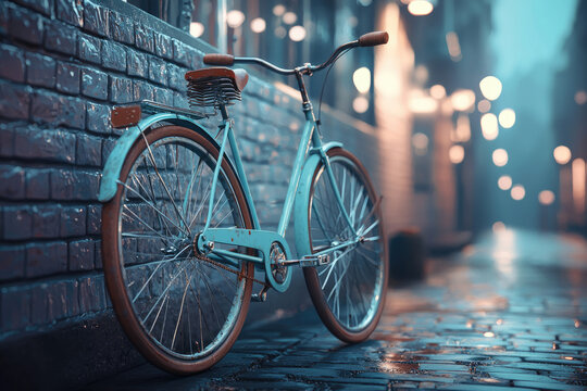 A vintage light blue bicycle leans against a brick wall on a rain-slicked cobblestone street at night.