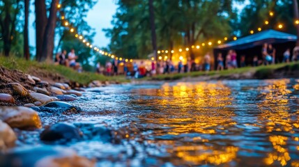 Fototapeta premium Peaceful Stream at Outdoor Event with Soft Lights and Evening Atmosphere