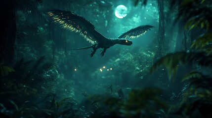 Naklejka premium Small yet deadly Microraptor gliding through the dense jungle its feathered wings shimmering under the moonlight The prehistoric night is alive with sounds as glowing eyes peer from the shadows