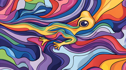 Obraz premium Colorful lizard in abstract wave pattern; vibrant art for kids' books