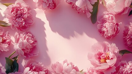 Fototapeta premium A beautiful arrangement of pink peonies on a soft pink background, creating a serene and elegant floral display