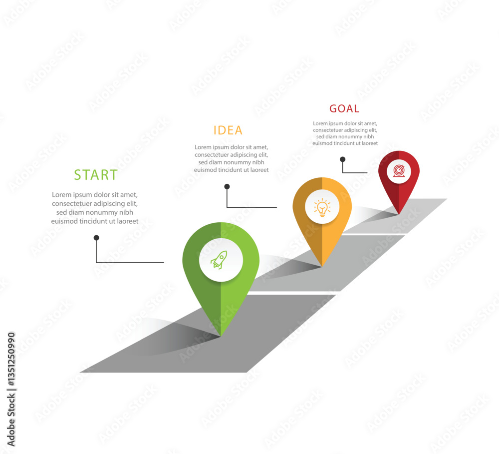 Aufkleber Design template information with road maps concept and 3 direction. 3 step process infographic with icons can be used for workflow, business information, work schedule, and web graphic design 