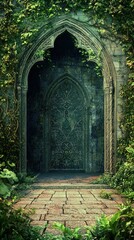 Obraz premium Enchanted Courtyard Garden Scene with Mossy Stone Archway