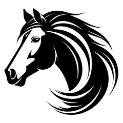 Stylized horse head illustration in black and white, perfect for logos, tattoos, and graphic design projects.
