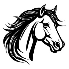 Stylized horse head illustration in black and white, perfect for logos, tattoos, and graphic design projects.