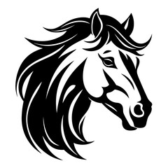 Stylized horse head illustration in black and white, perfect for logos, tattoos, and graphic design projects.