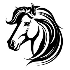 Stylized horse head illustration in black and white, perfect for logos, tattoos, and graphic design projects.