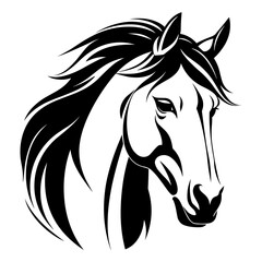 Stylized horse head illustration in black and white, perfect for logos, tattoos, and graphic design projects.
