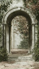Obraz premium Enchanted Old World Garden Scene with Stone Arch and Lush Vines