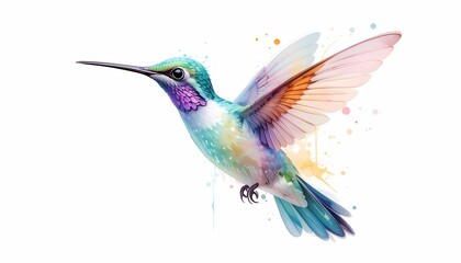 Obraz premium Colorful Hummingbird Watercolor Painting, Vibrant hummingbird in flight, watercolor style.
