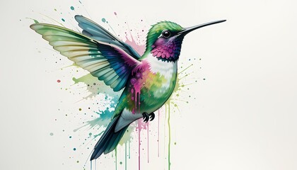 Fototapeta premium Vibrant Hummingbird Watercolor Painting, Colorful hummingbird art, nature, bird, wings