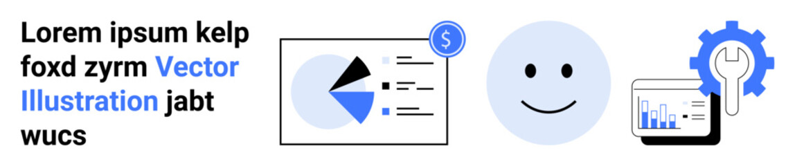 Pie chart with financial theme, smile face, gear illustration, and tablet-based analytics. Ideal for business strategy, data analysis, finance, technology, workflow user experience simple landing