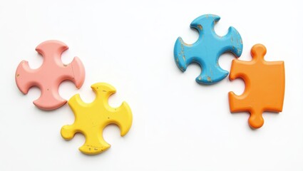 Fototapeta premium Colorful Wooden Puzzle Pieces Interlocking on White Background Teamwork Concept