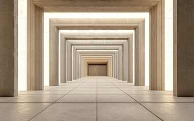 A series of symmetrical concrete archways illuminated by light, leading to a vanishing point, creating a sense of depth and perspective.