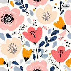 A vibrant floral pattern featuring various colorful flowers and leaves on a light background.