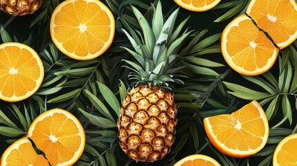 A vibrant arrangement featuring a pineapple surrounded by orange slices and green leaves, creating a tropical and refreshing aesthetic.