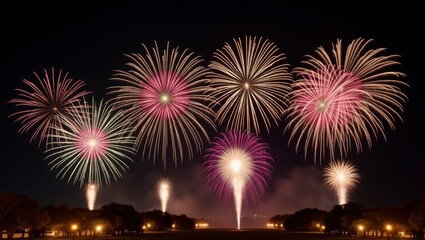Fototapeta premium Spectacular Fireworks Display over Park at Night Vibrant Colors and Festive Celebration