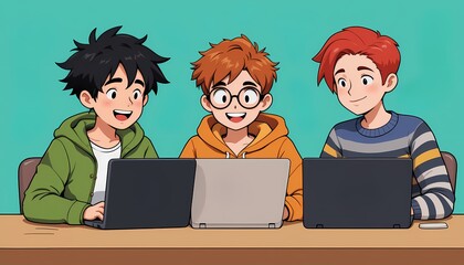 Three friends collaborating on laptops, Happy diverse boys working together on laptops.
