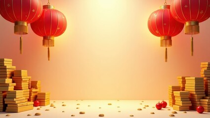 Obraz premium Festive Chinese New Year Background Red Lanterns Gold Ingots and Prosperity