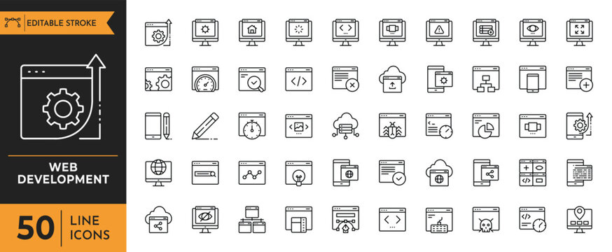 Web Development outline icon set. Containing Code, api, programmer coding, app, flow, node connect, web coder, bug fix and more. editable stroke. Vector illustration