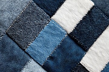 A close up of a patchwork of blue and white jeans