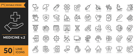 Medicine icon set. Containing doctor, medicine, hospital, treatment, healthcare, nurse, pills, clinic and more. Vector illustration