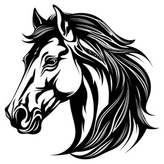 Stylized horse head illustration in black and white, perfect for logos, tattoos, and graphic design projects.